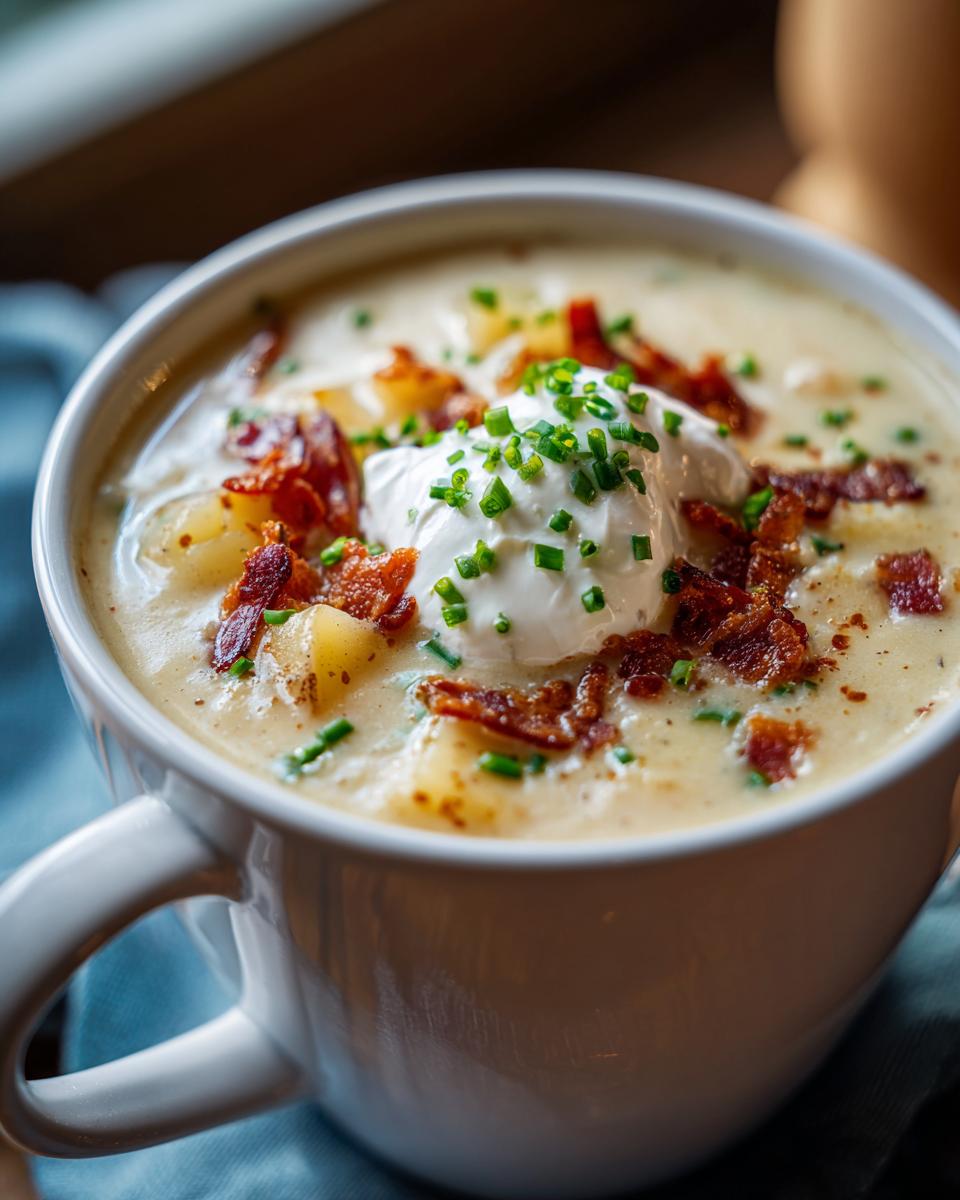 A close-up of a bowl of loaded baked potato soup, topped with sour cream, crispy bacon, and fresh chives.