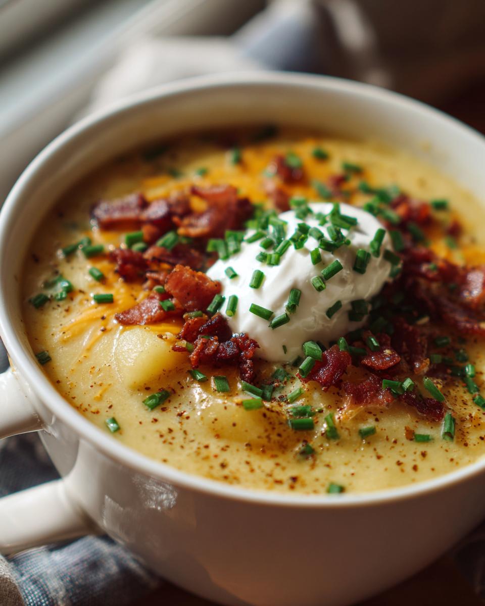 A close-up of a hearty bowl of loaded baked potato soup, topped with sour cream, crispy bacon, shredded cheese, and fresh chives.