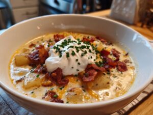 A close-up of a bowl of loaded baked potato soup, topped with sour cream, crispy bacon, and fresh chives.