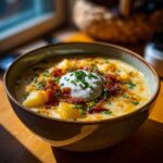 A close-up of a bowl of loaded baked potato soup topped with sour cream, bacon, chives, and cheese.