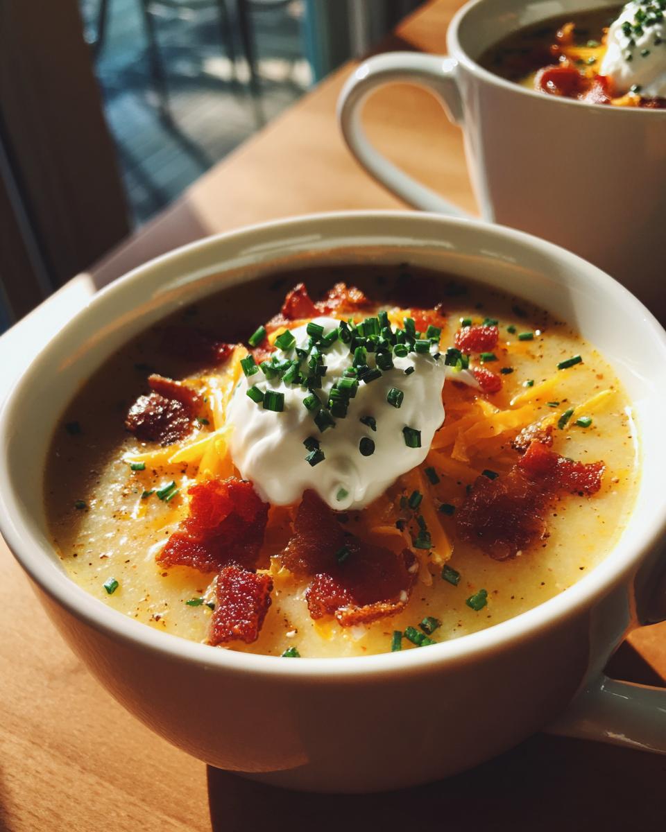 A close-up of a bowl of loaded baked potato soup topped with sour cream, shredded cheese, bacon, and chives.
