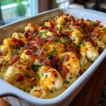 A close-up of a white baking dish filled with loaded cauliflower casserole, topped with melted cheese, crispy bacon, and fresh chives.