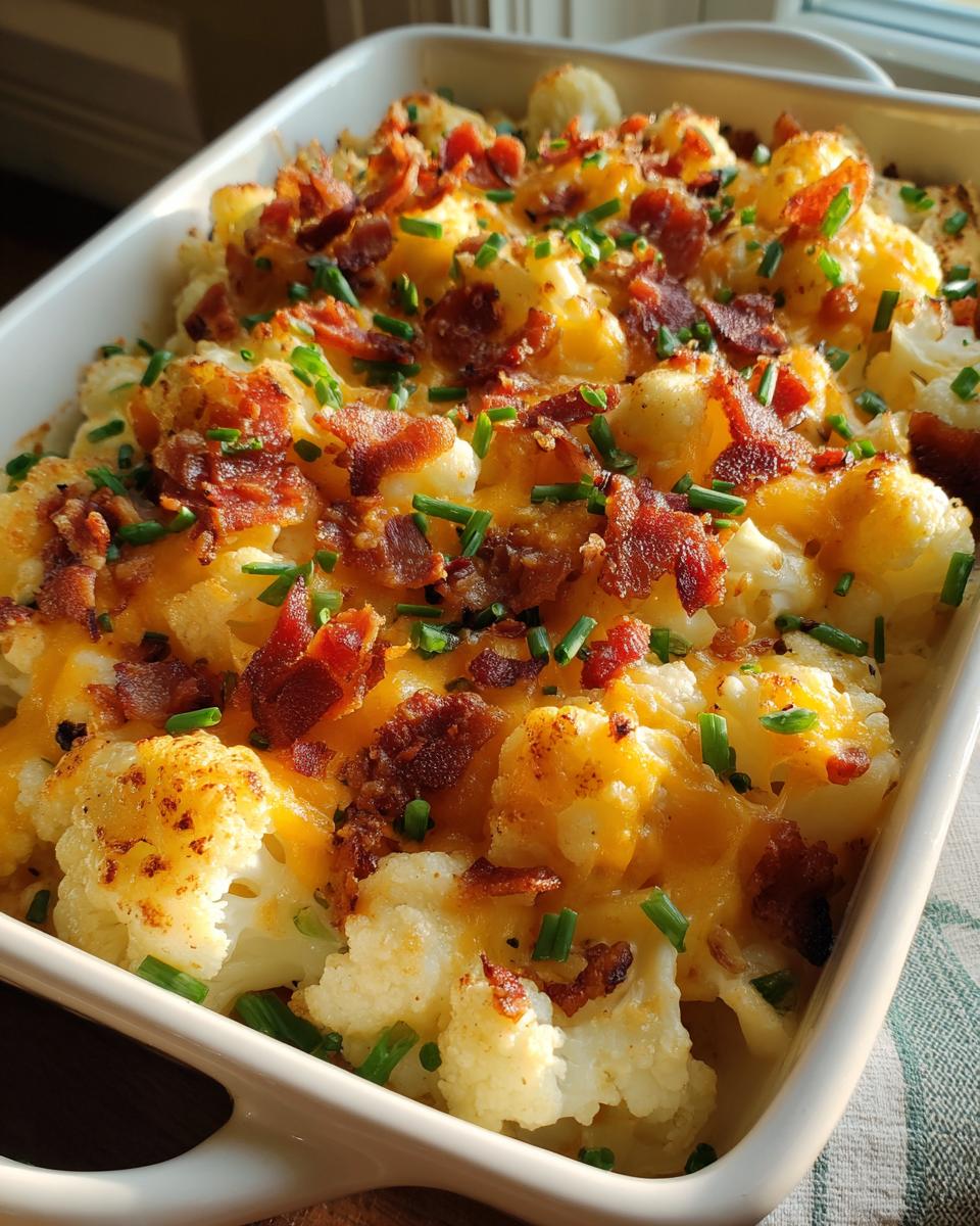 A close-up of a white baking dish filled with a loaded cauliflower casserole, topped with melted cheese, crispy bacon, and fresh chives.