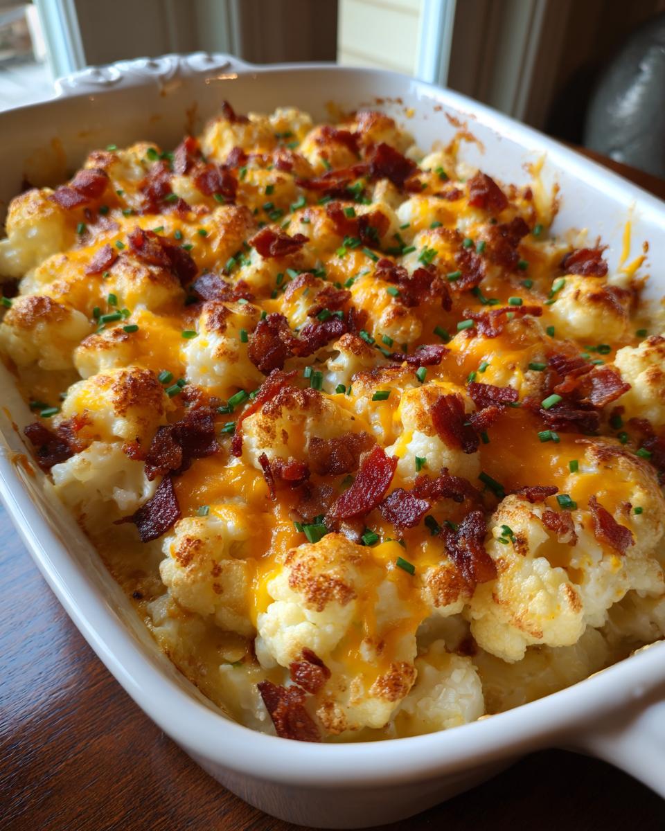 A close-up view of a loaded cauliflower casserole topped with melted cheddar cheese, crispy bacon bits, and fresh chives.