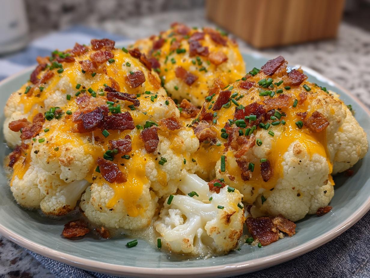 Close-up of a loaded cauliflower casserole topped with melted cheddar cheese, crispy bacon bits, and fresh chives.
