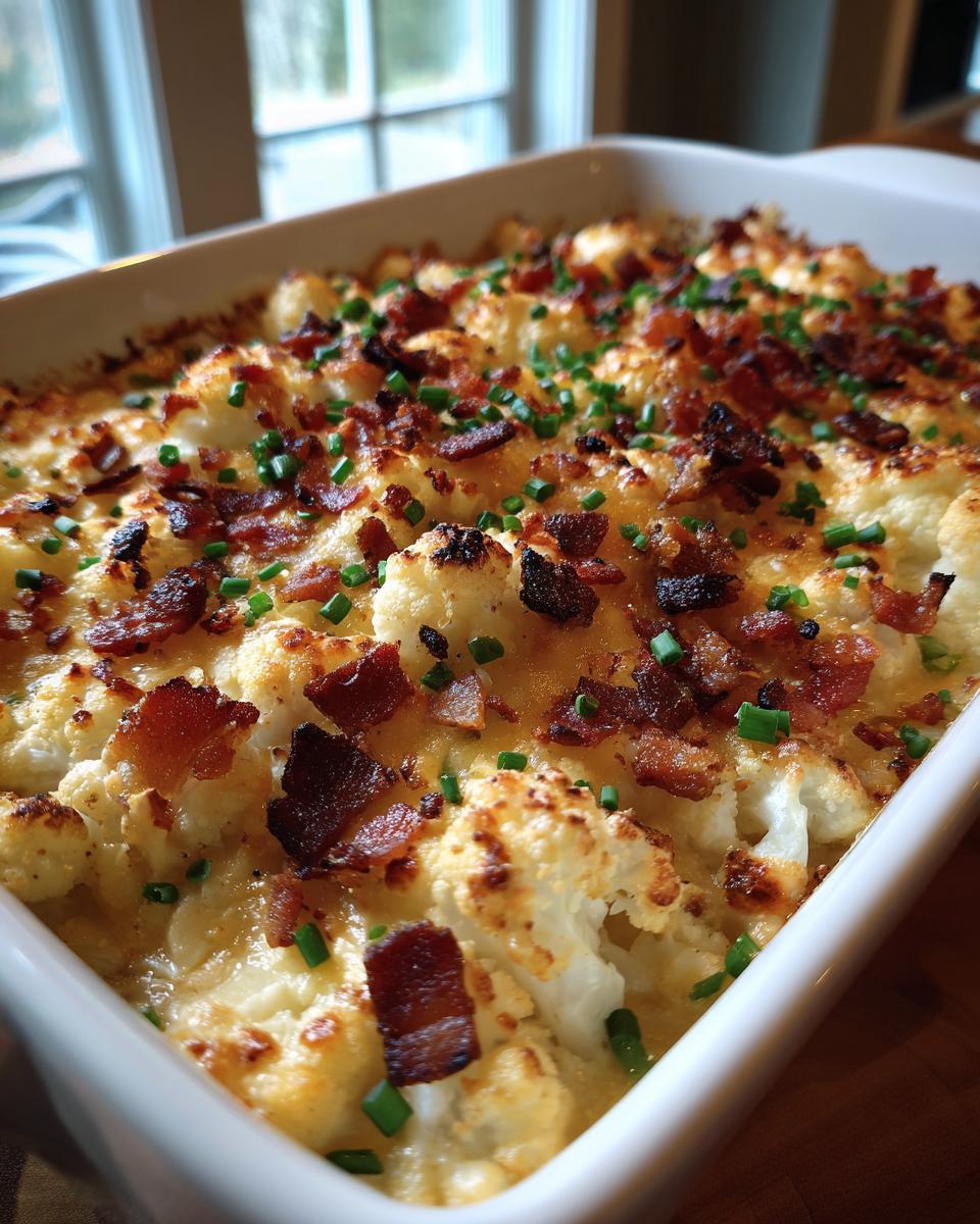 Close-up of a rich and creamy loaded cauliflower casserole topped with crispy bacon and fresh chives.
