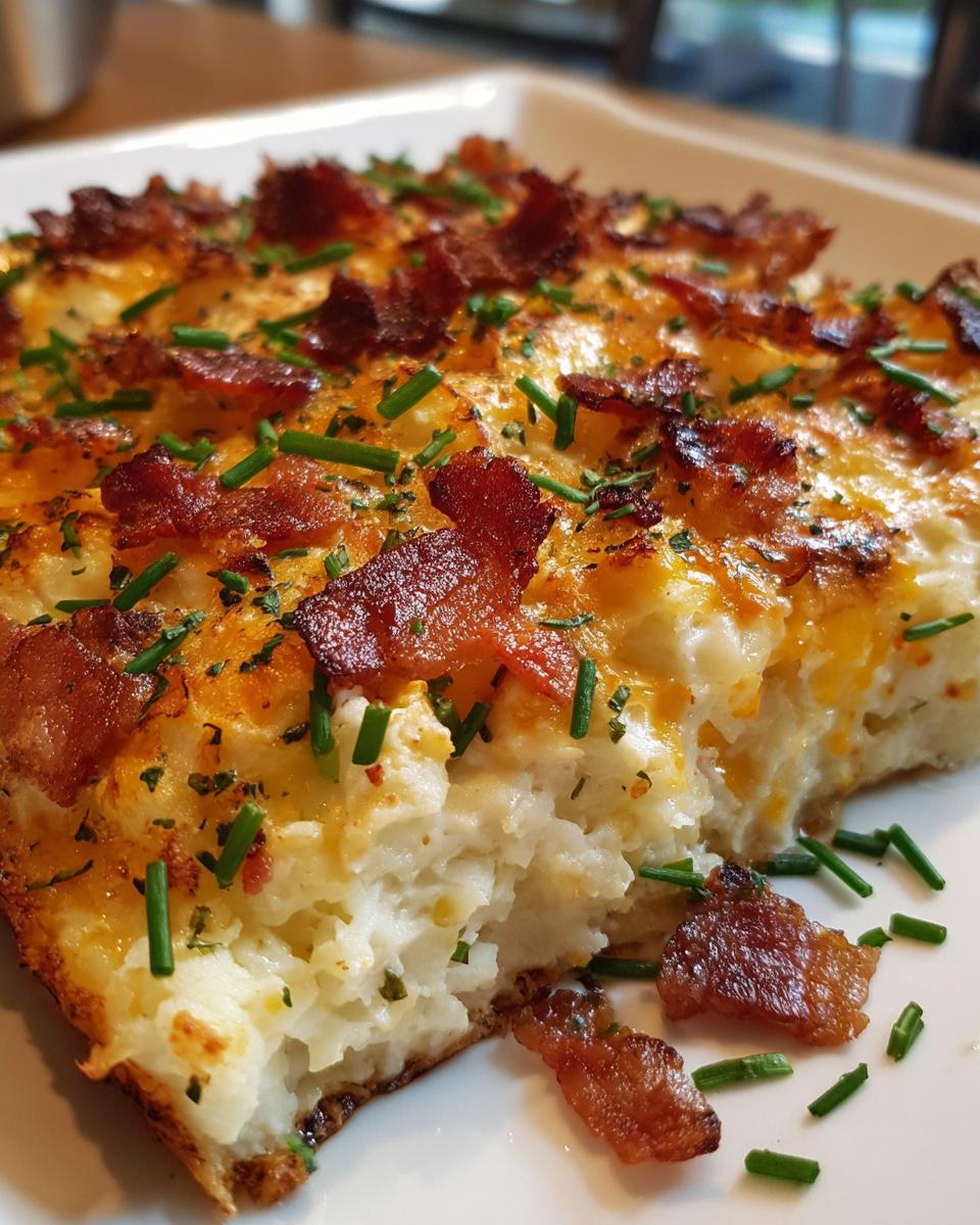 A close-up of a slice of loaded cauliflower casserole topped with crispy bacon and fresh chives.