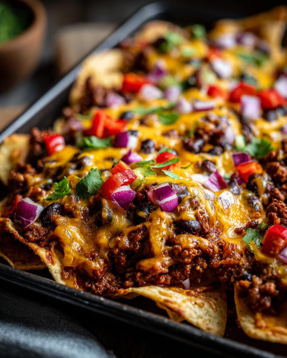Close-up of loaded sheet pan nachos topped with seasoned ground beef, black beans, melted cheese, red onion, and cilantro.