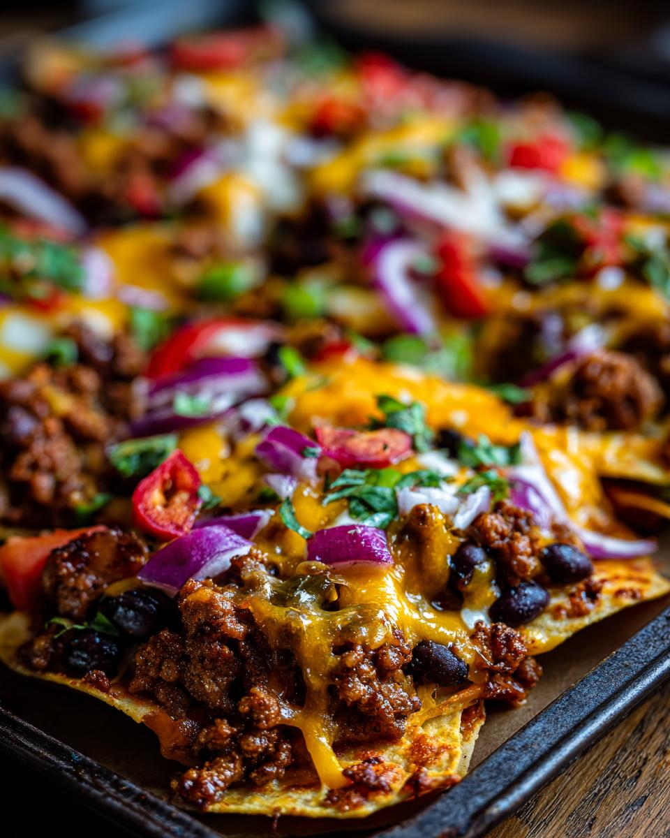 Close-up of loaded sheet pan nachos with melted cheese, seasoned ground beef, black beans, red onion, and jalapeños.