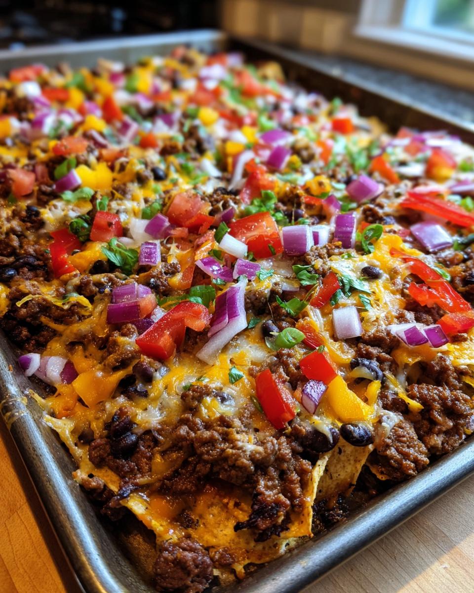A full sheet pan of loaded sheet pan nachos topped with ground beef, black beans, cheese, tomatoes, onions, and peppers.