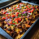 A close-up view of a full baking sheet of loaded sheet pan nachos, topped with ground meat, black beans, cheese, tomatoes, and onions.