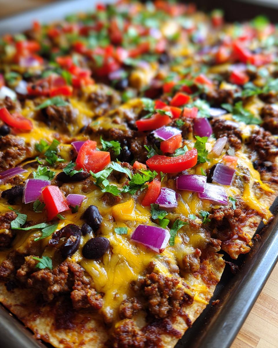 A close-up view of loaded sheet pan nachos topped with seasoned ground beef, black beans, melted cheese, tomatoes, red onion, and cilantro.