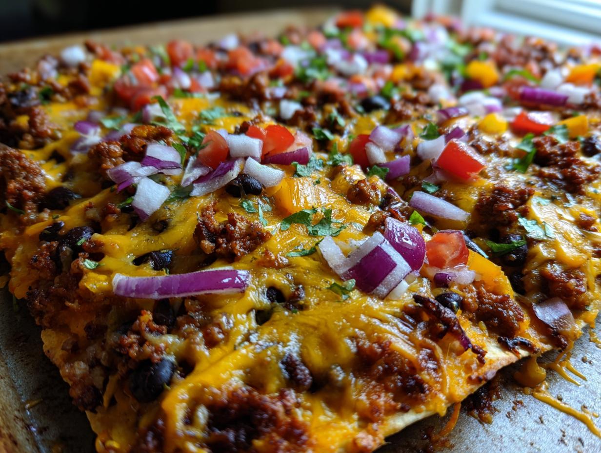Close-up of loaded sheet pan nachos with melted cheese, seasoned ground beef, black beans, diced tomatoes, and red onions.