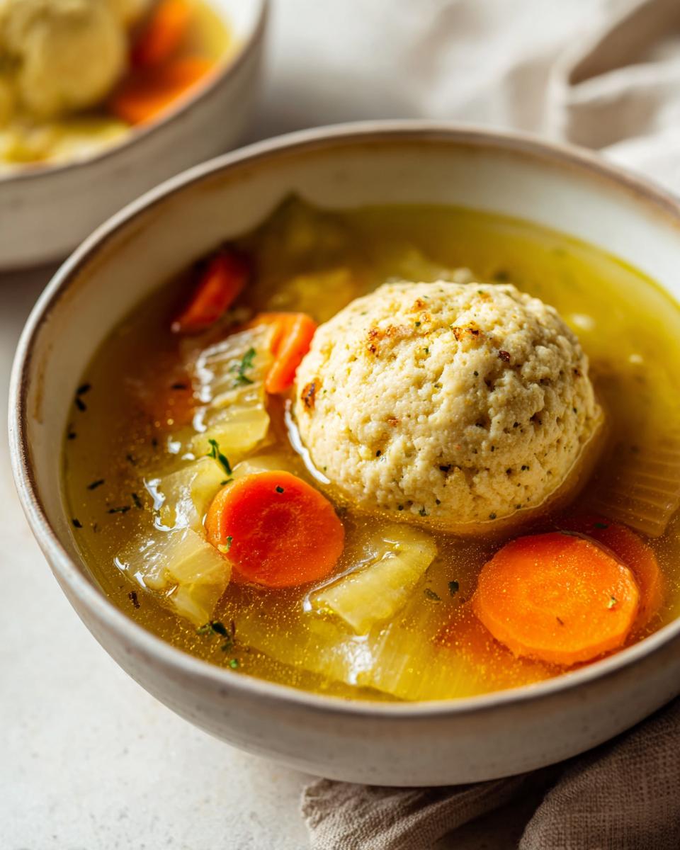 A close-up of a bowl of Matzo Ball Soup, featuring a large matzo ball, sliced carrots, and celery in a clear broth.