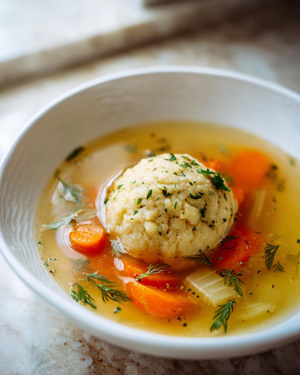 A close-up of a fluffy matzo ball floating in a clear broth with sliced carrots and fresh dill in a white bowl.