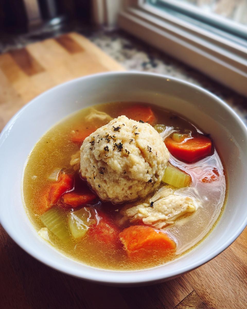 A close-up of a bowl of matzo ball soup, featuring a large matzo ball, carrots, celery, and shredded chicken in broth.