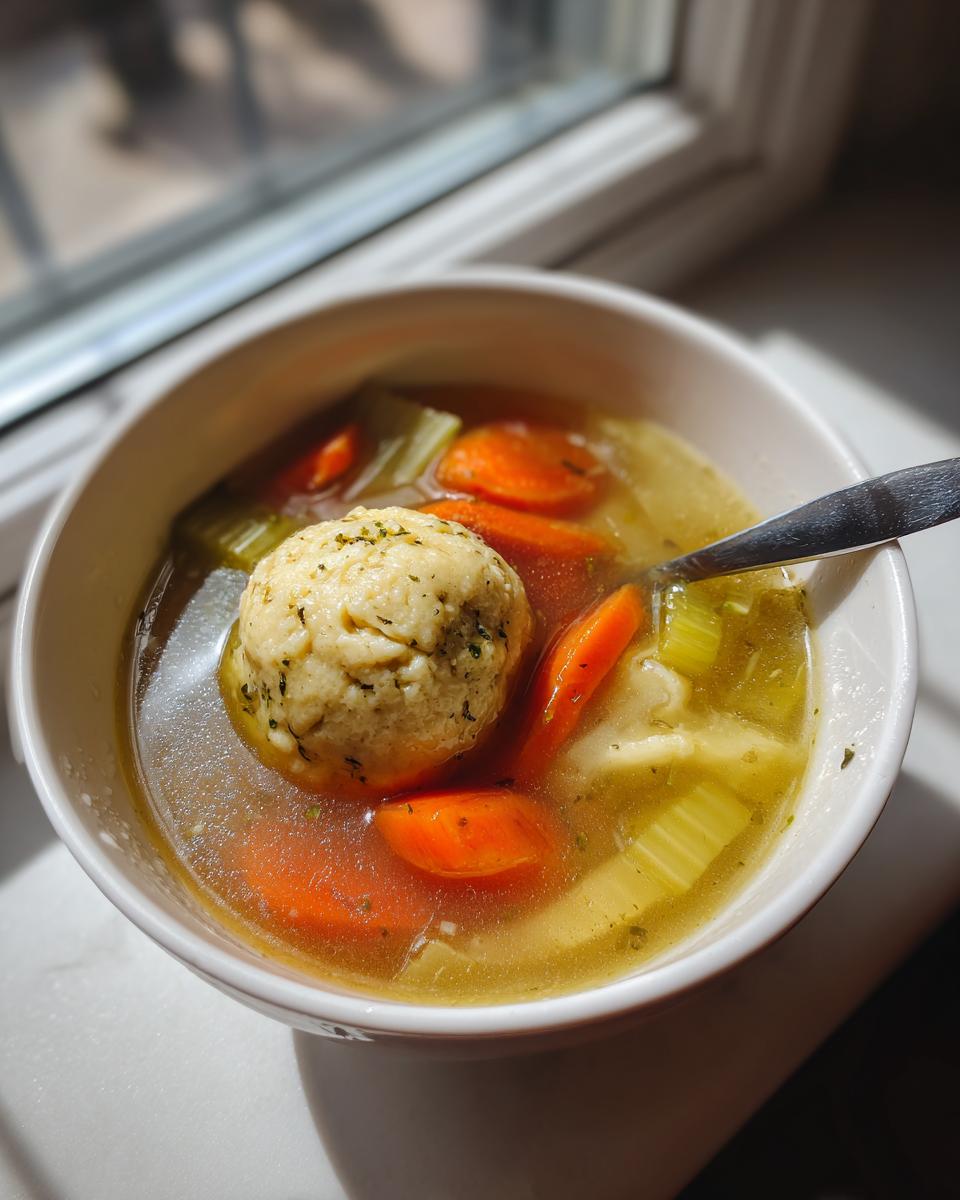 A close-up of a bowl of Matzo Ball Soup, featuring a large matzo ball, sliced carrots, and celery in a clear broth.