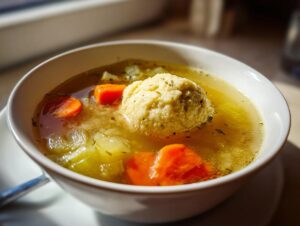 A close-up of a bowl of matzo ball soup, featuring a fluffy matzo ball, carrots, and celery in a clear broth.