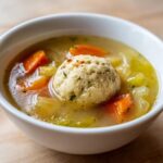 A close-up of a bowl of matzo ball soup, featuring a large matzo ball, carrots, and celery in a clear broth.