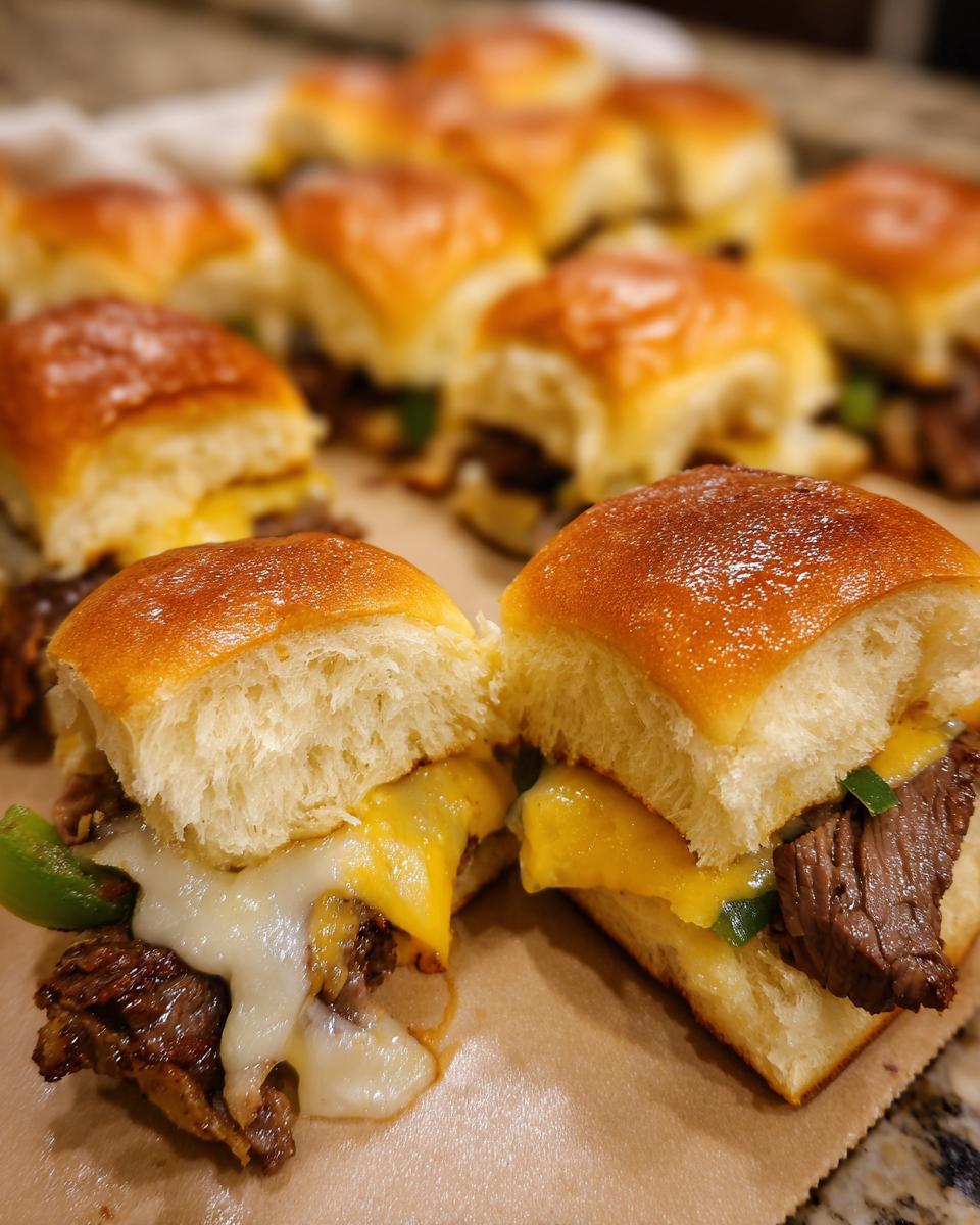 Close-up of two melted Philly cheesesteak sliders with juicy steak, melted cheese, and green peppers.
