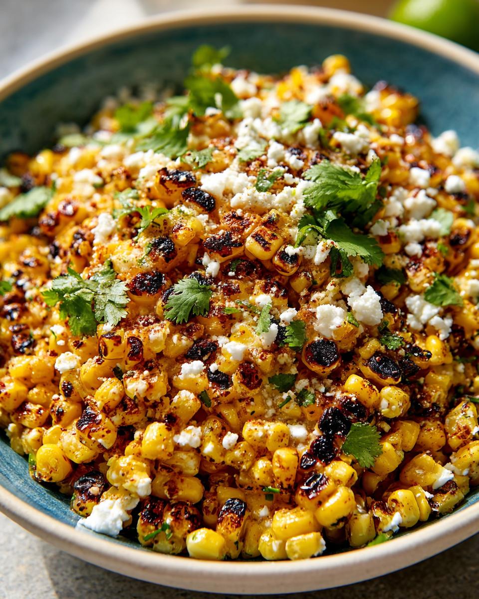 Close-up of Mexican street corn salad in a blue bowl, featuring grilled corn kernels, crumbled cotija cheese, and fresh cilantro.
