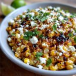 Close-up of a bowl of Mexican street corn salad, featuring charred corn, crumbled cotija cheese, and fresh cilantro.