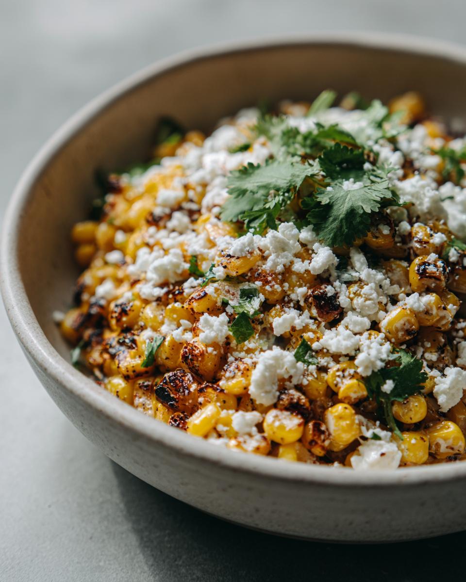 A close-up shot of a bowl filled with Mexican street corn salad, featuring grilled corn, crumbled cotija cheese, and fresh cilantro.