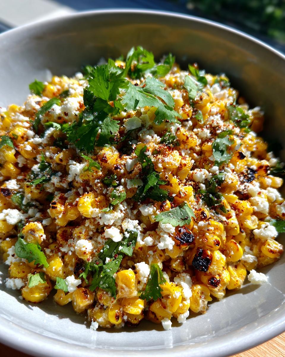 Close-up of Mexican street corn salad in a bowl, topped with crumbled cheese and fresh cilantro.