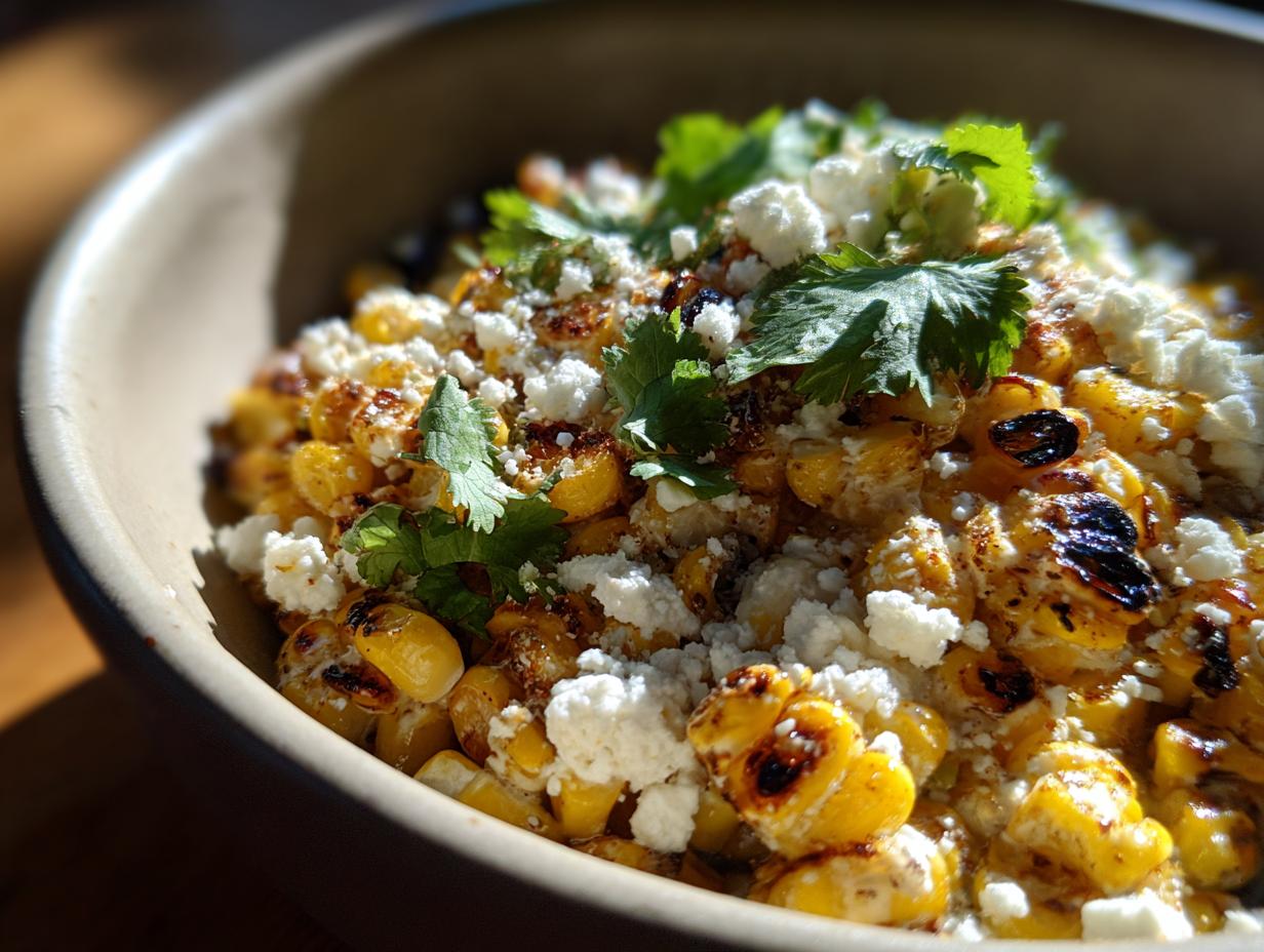 Close-up of a bowl of Mexican street corn salad, featuring grilled corn, crumbled cheese, and fresh cilantro.