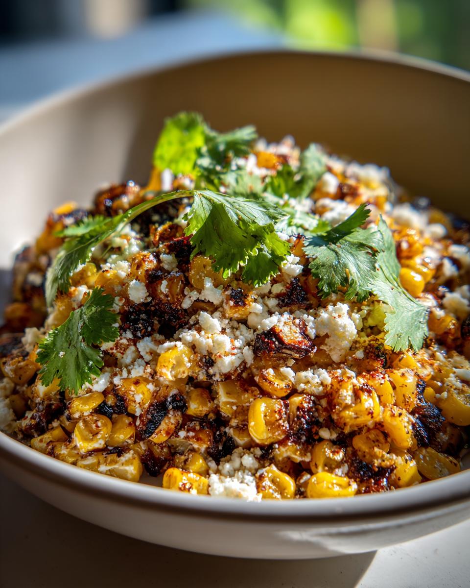Close-up of a bowl of Mexican street corn salad, featuring grilled corn, crumbled cheese, and fresh cilantro.