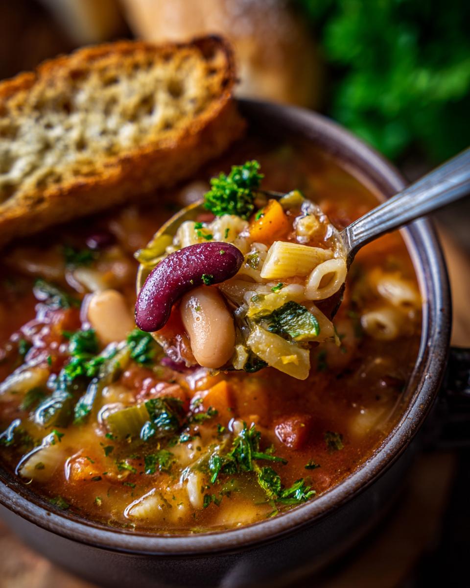 A spoonful of hearty minestrone soup filled with beans, pasta, vegetables, and herbs, with a slice of bread.