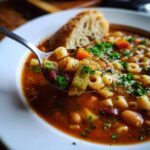A spoonful of hearty minestrone soup filled with pasta, beans, carrots, and celery, topped with parsley.