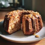 A slice of moist apple honey cake with chunks of apple and a drizzle of glaze on a plate.