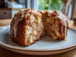 A slice of moist apple honey cake, generously topped with a sweet glaze and chunks of apple.