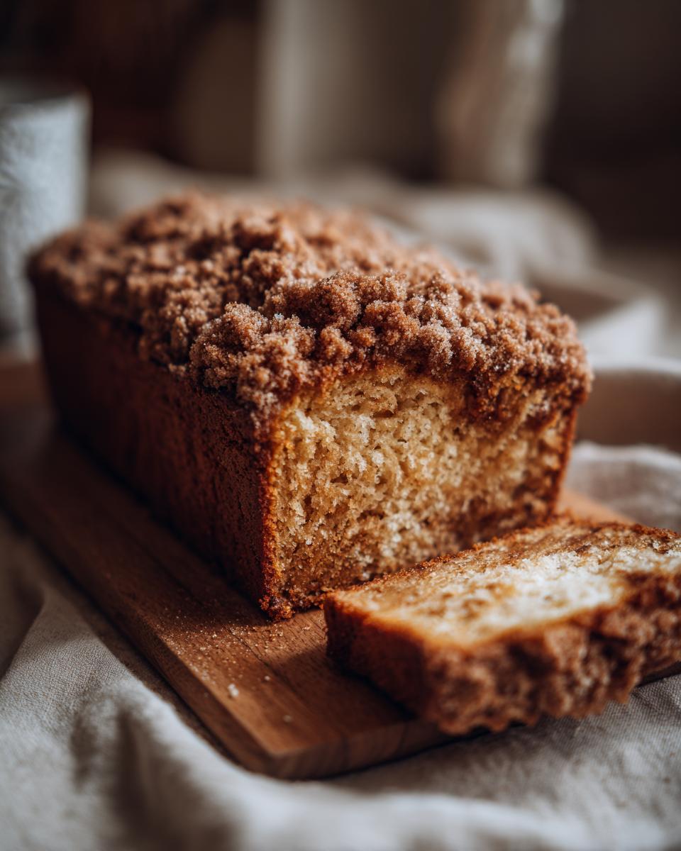 A moist pumpkin spice coffee cake with a generous streusel topping, sliced on a wooden board.