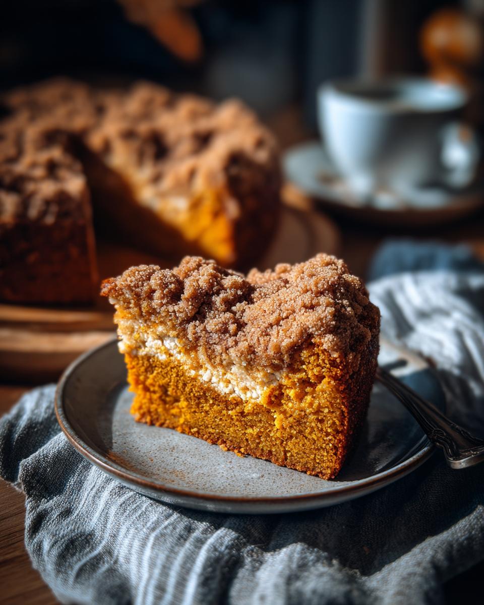 A slice of moist pumpkin spice coffee cake with a creamy filling and cinnamon streusel topping on a plate.