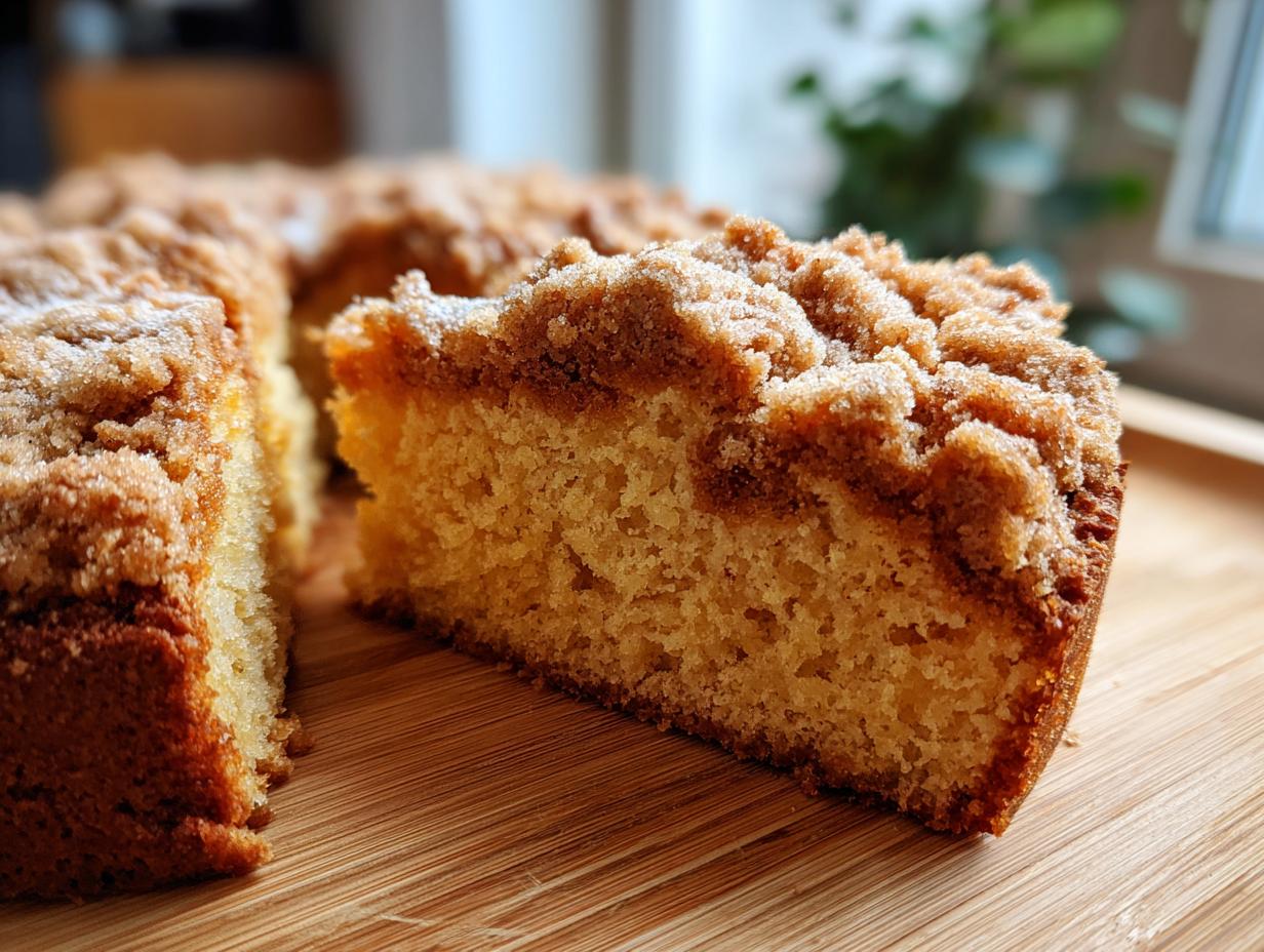 A slice of moist pumpkin spice coffee cake with a crumbly cinnamon topping on a wooden board.