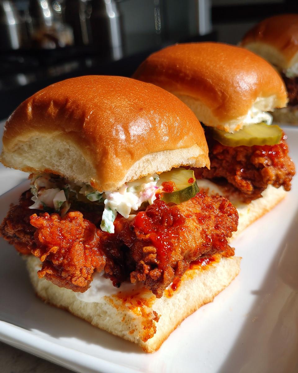 Close-up of two delicious Nashville hot chicken sliders with crispy fried chicken, pickles, and coleslaw on soft buns.