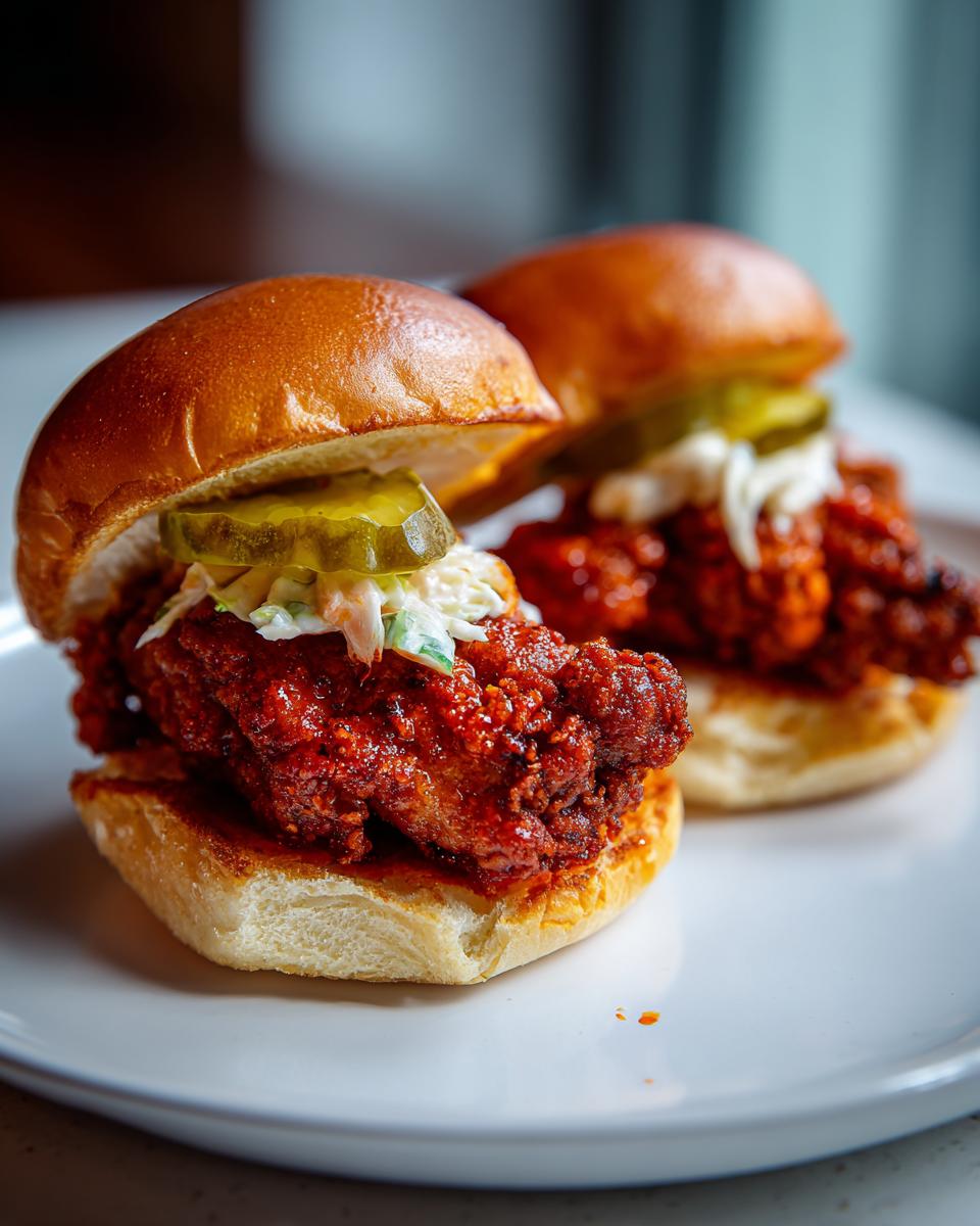 Two delicious Nashville hot chicken sliders with crispy fried chicken, pickles, and coleslaw on soft brioche buns.
