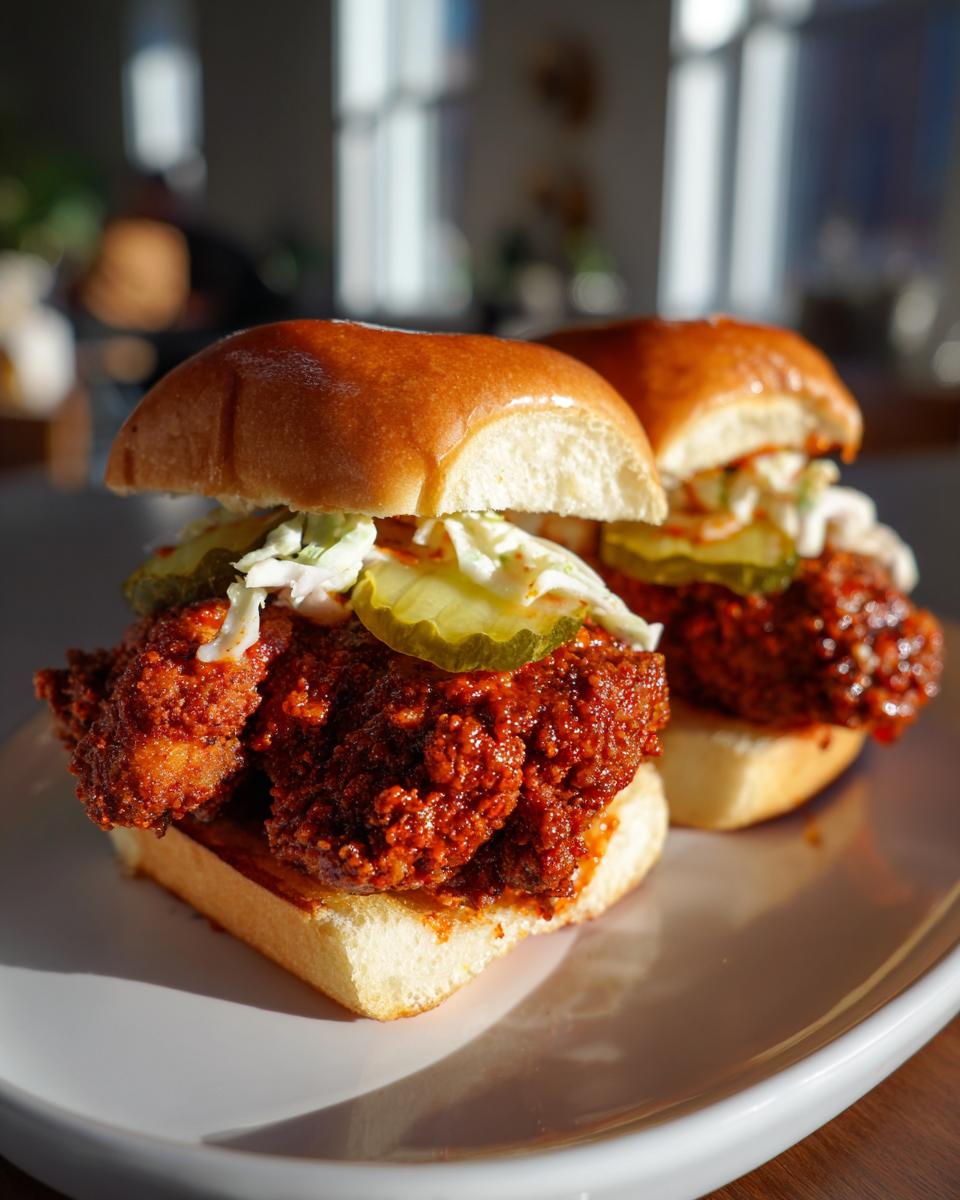 Two delicious Nashville hot chicken sliders on a white plate, featuring crispy fried chicken, pickles, and coleslaw.