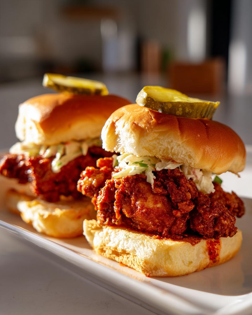 Two Nashville hot chicken sliders topped with coleslaw and a pickle slice on a white plate.
