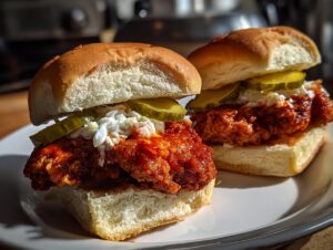 Two delicious Nashville hot chicken sliders piled high with crispy chicken, pickles, and coleslaw on soft buns.