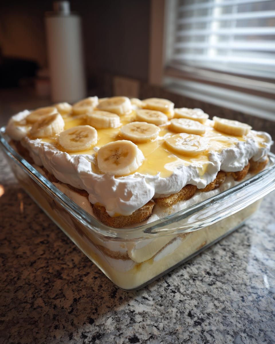 A close-up view of a no bake banana pudding in a glass dish, topped with whipped cream and banana slices.