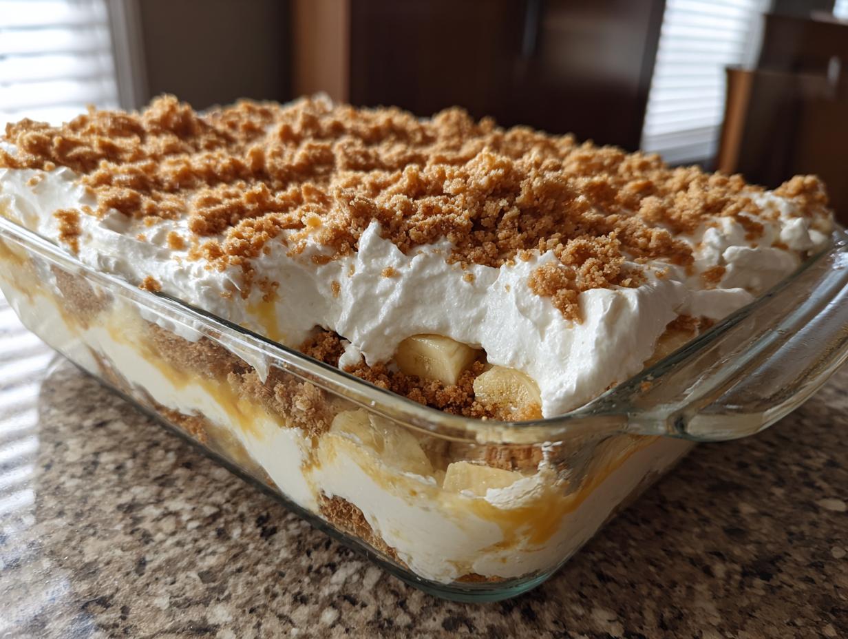 A close-up of a no bake banana pudding in a glass dish, layered with pudding, bananas, and crushed cookies, topped with whipped cream and cookie crumbs.