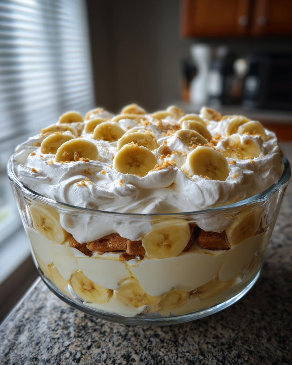 A close-up of a beautiful no bake banana pudding in a glass trifle bowl, topped with whipped cream and banana slices.