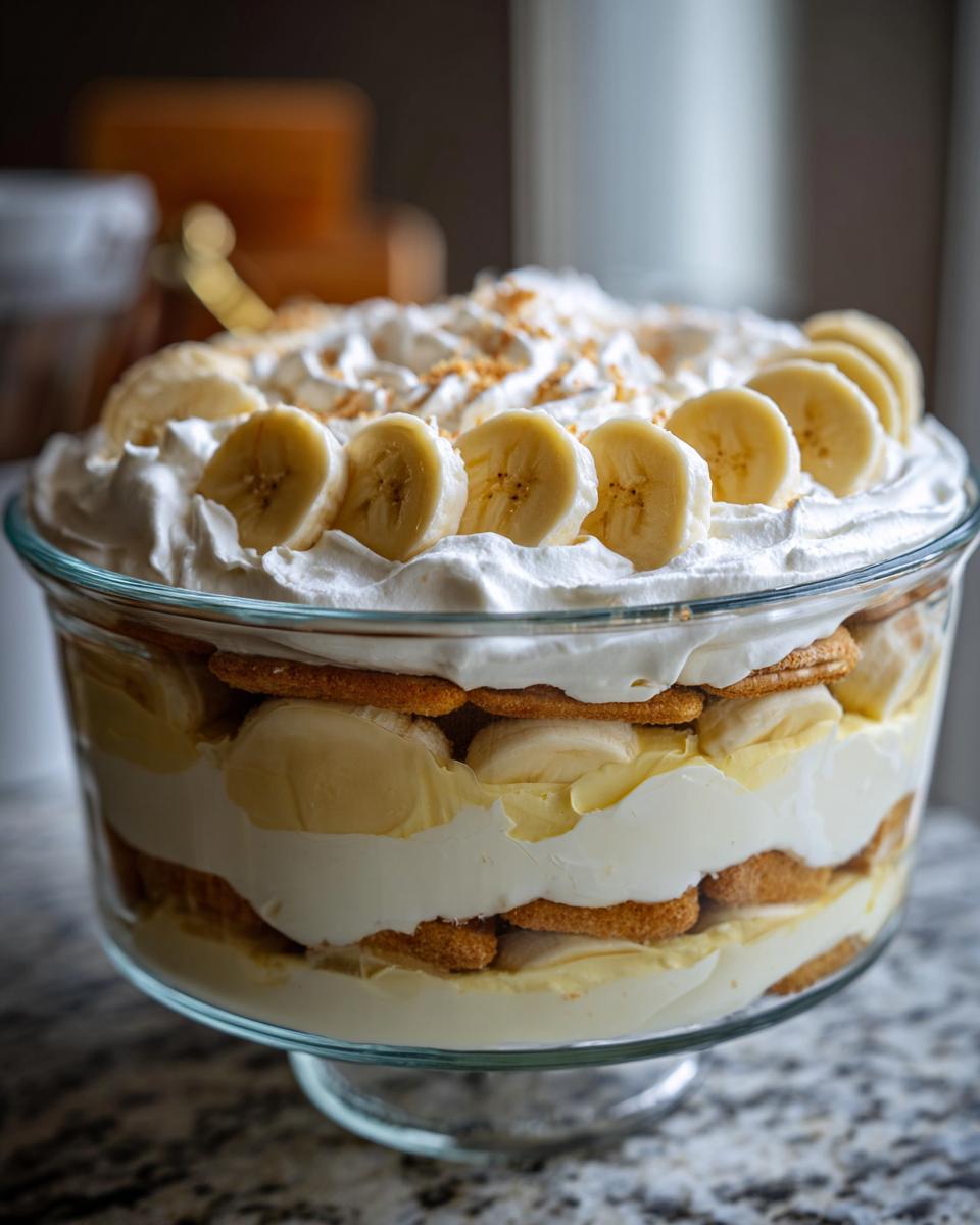 A beautiful no bake banana pudding dessert layered with vanilla pudding, Nilla wafers, and fresh banana slices, topped with whipped cream.