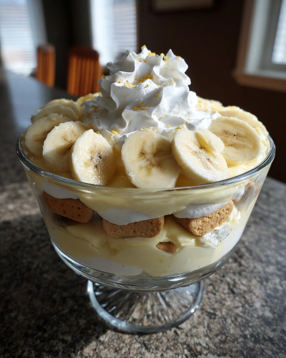 Close-up of a no bake banana pudding in a glass trifle bowl, layered with pudding, cookies, and whipped cream, topped with fresh banana slices.