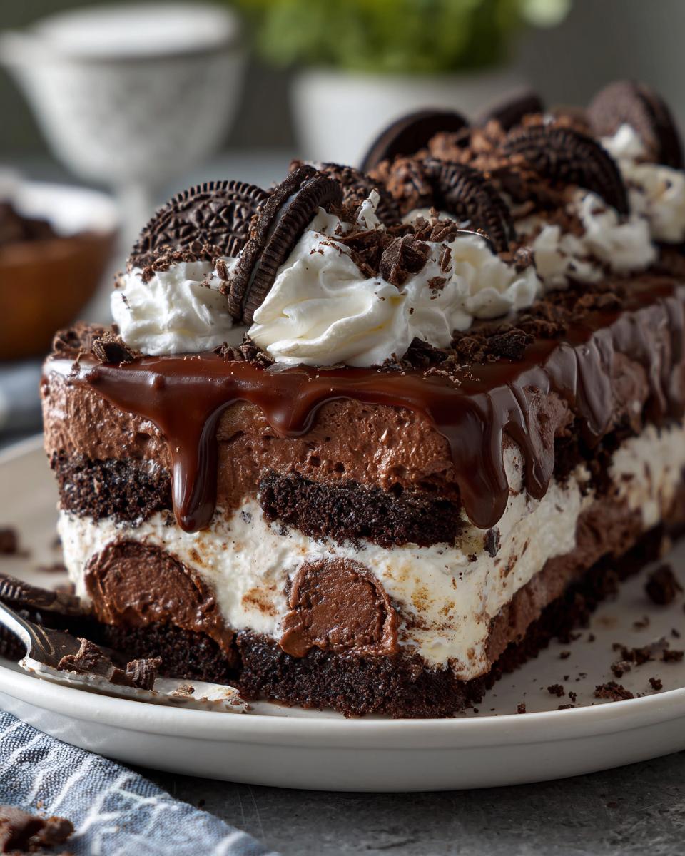 A slice of no bake chocolate lasagna layered with chocolate cake, cream cheese filling, and Oreos, topped with whipped cream and chocolate ganache.