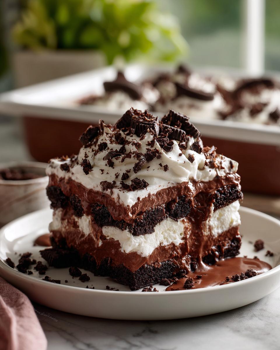 A rich slice of no bake chocolate lasagna, layered with chocolate pudding, whipped cream, and crushed cookies.