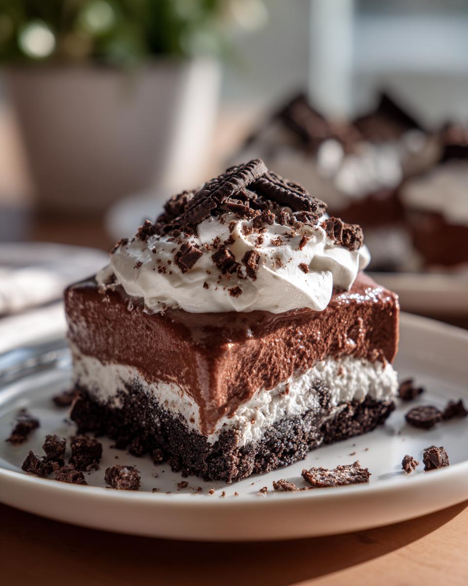 A decadent slice of no bake chocolate lasagna topped with whipped cream and chocolate cookie crumbles.